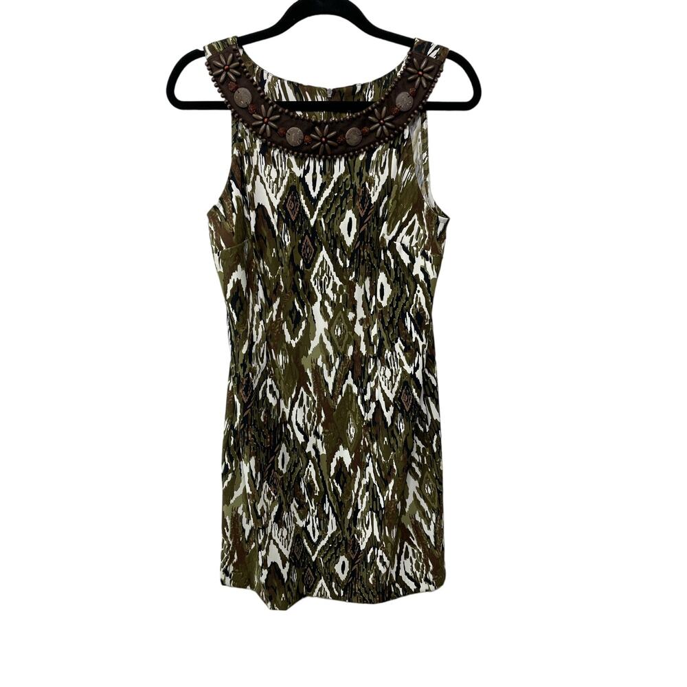 NWT DressBarn Abstract Beaded Mini Sheath‎ Dress Olive Green Women's Petite 10P